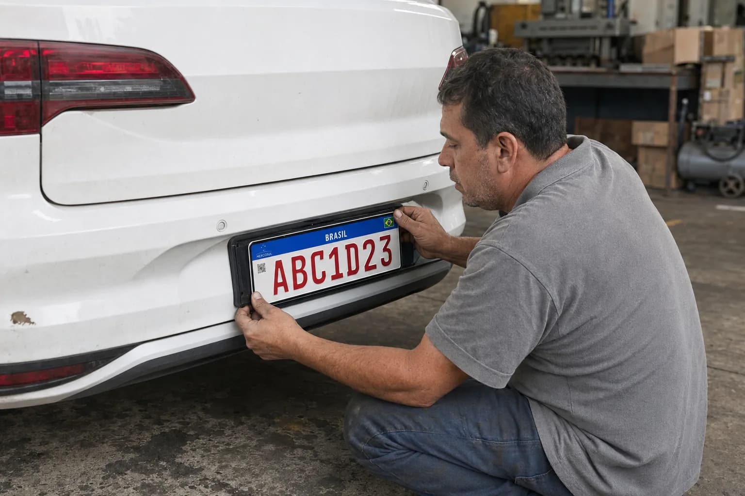 Motorista confere documentos ao lado do carro branco de categoria aluguel, com a placa de caracteres vermelhos ao fundo