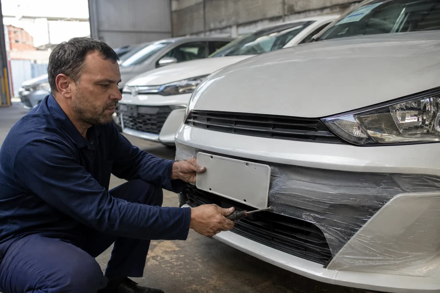 Profissional parafusa a placa dianteira em um carro zero quilômetro ainda com o plástico de proteção