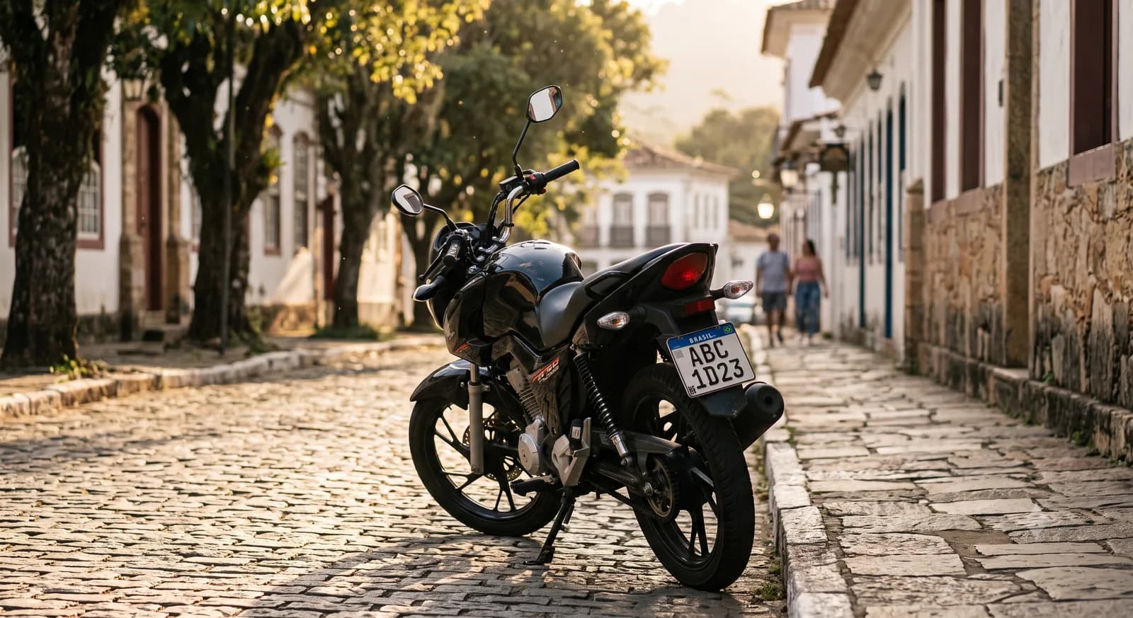 Moto estacionada em rua de paralelepípedo, com a placa traseira no padrão Mercosul