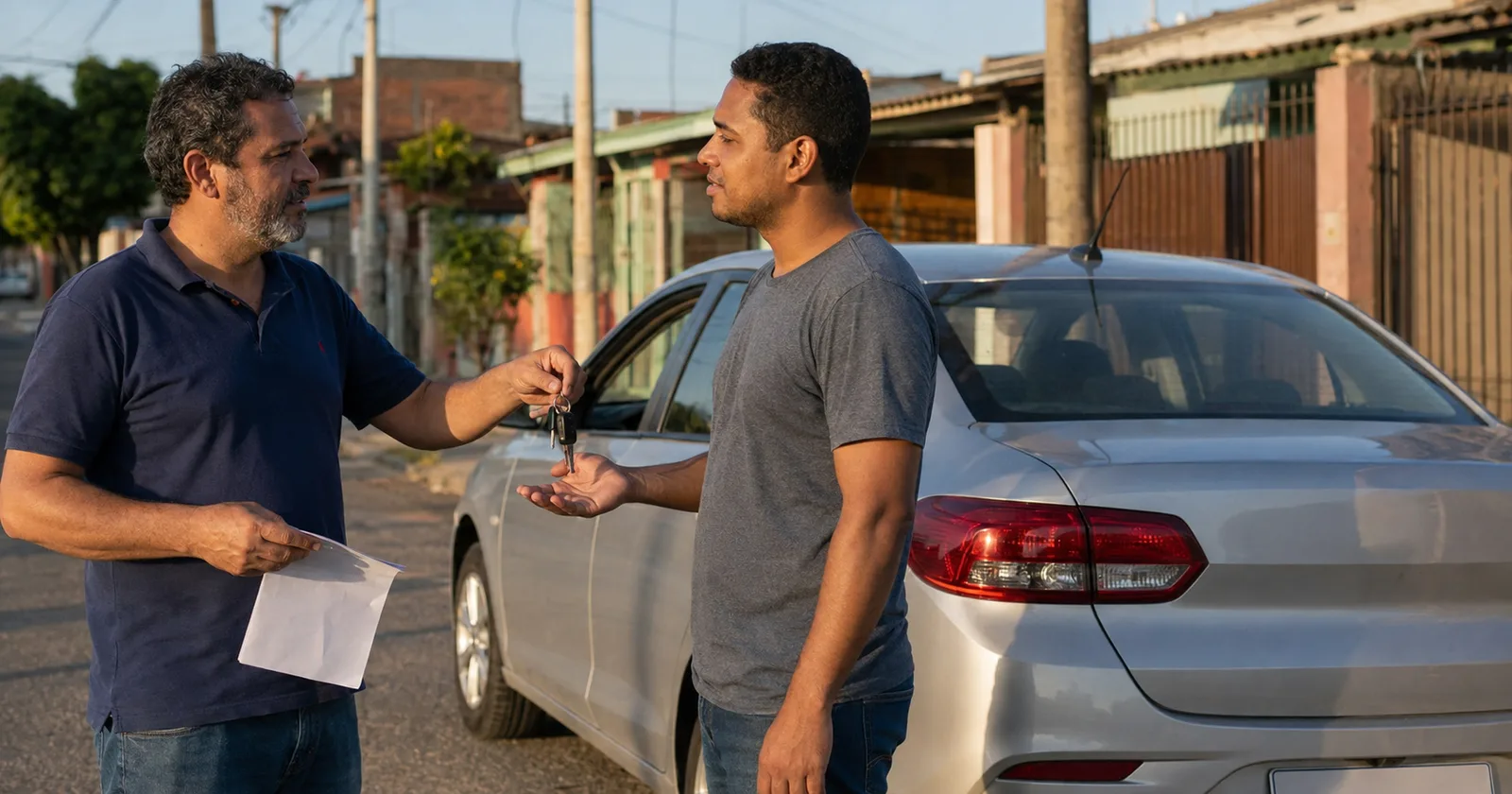 Vendedor entrega a chave do carro ao comprador na rua, com o documento de venda em mãos