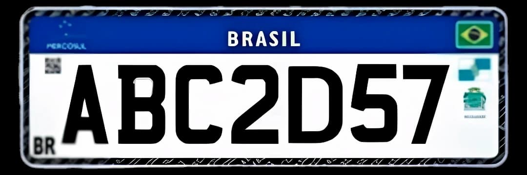 Placa Mercosul nova ABC2D57 com cabeçalho azul e bandeira do Brasil
