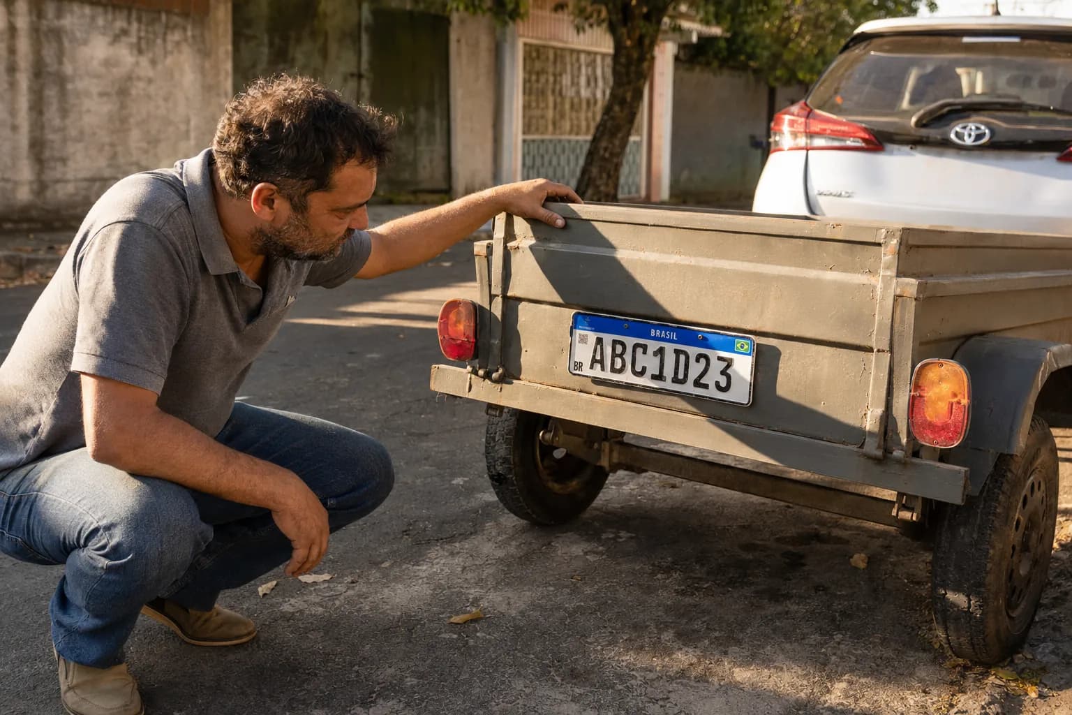 Homem agachado confere a placa traseira de uma carretinha de carga engatada a um carro em rua residencial