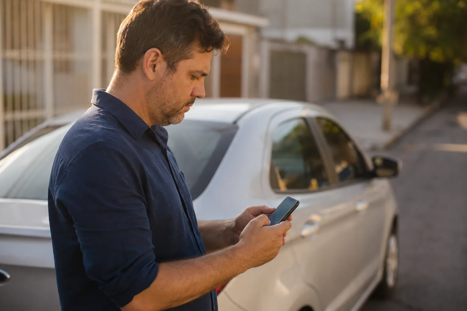 Motorista acessa o documento do veículo pelo celular, na rua, ao lado do carro