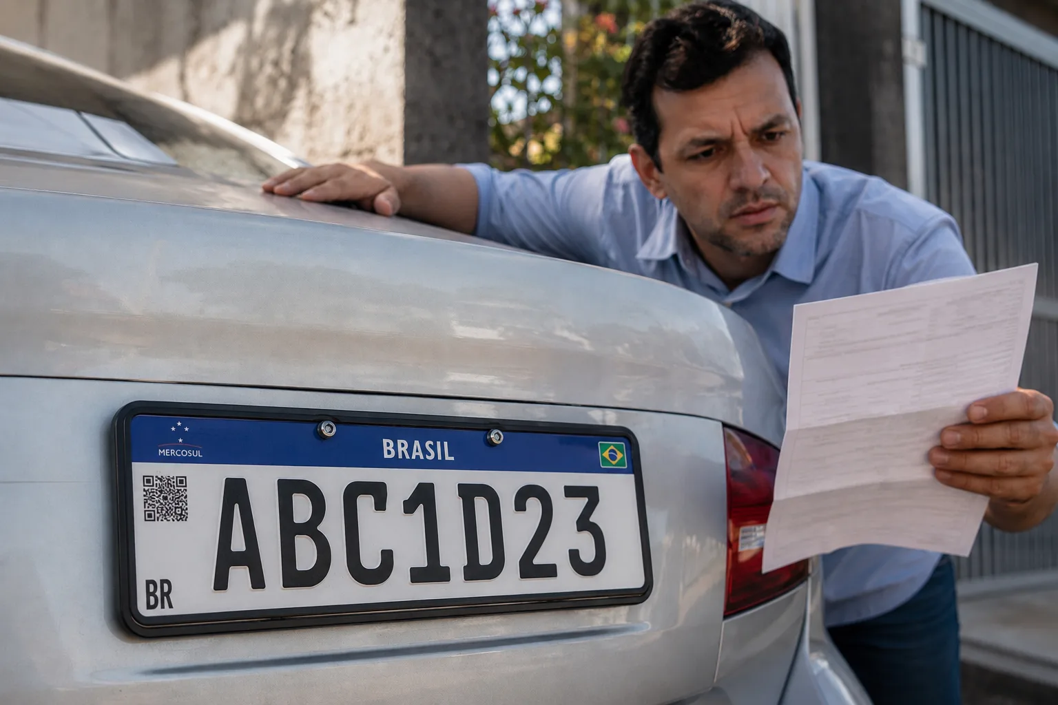 Motorista compara a numeração da placa traseira com o documento do veículo