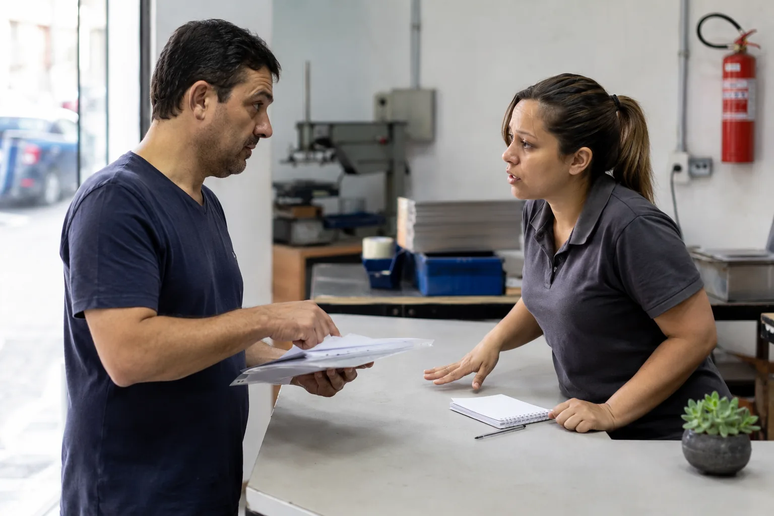 Cliente conversa com a atendente no balcão de uma estampadora credenciada, com a pasta de documentos do veículo nas mãos
