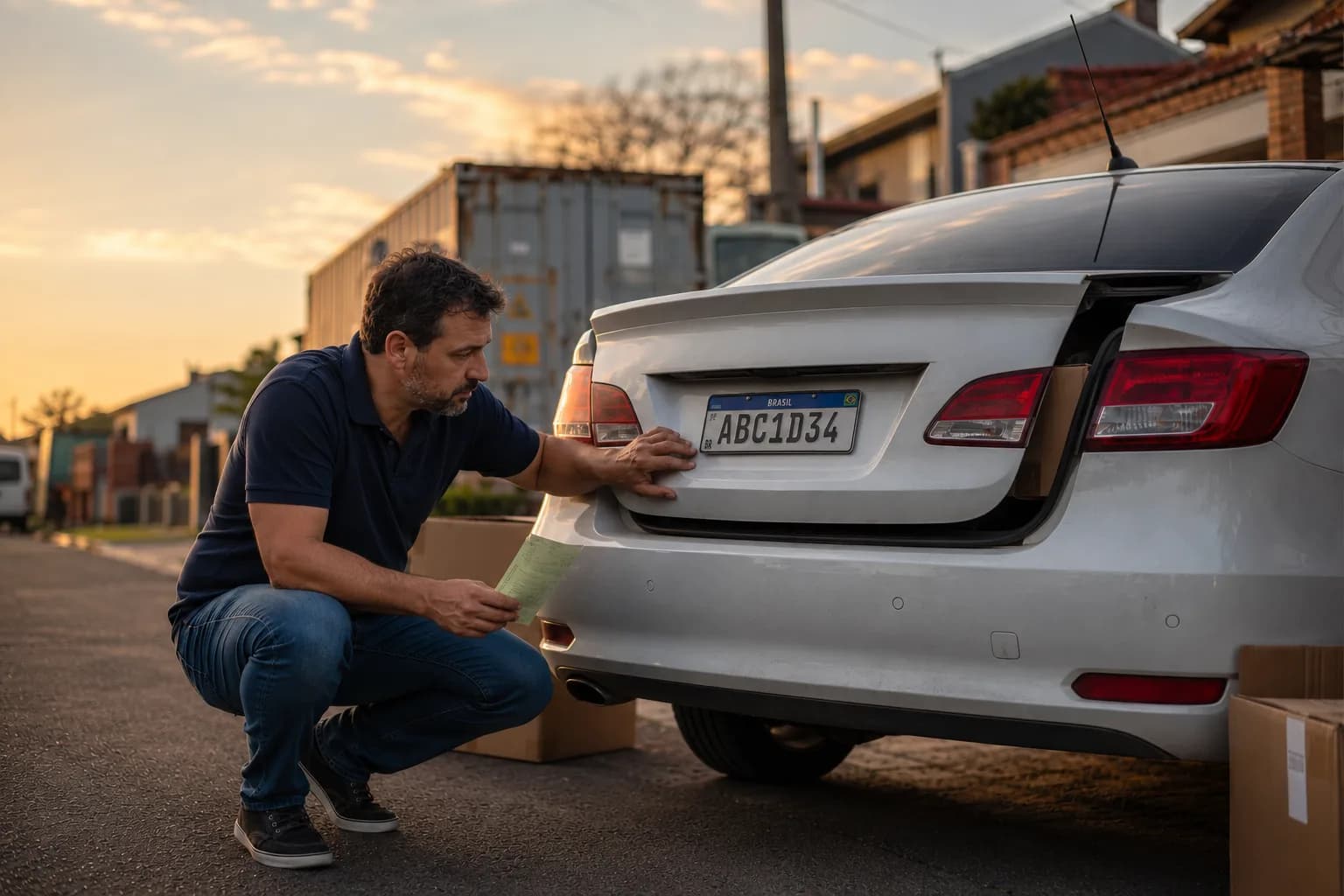 Motorista confere a placa do carro ao lado das caixas da mudança, no fim da tarde