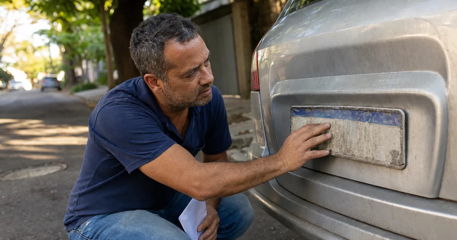 Motorista agachado atrás do carro examina a placa traseira desbotada e suja de barro no fim da tarde