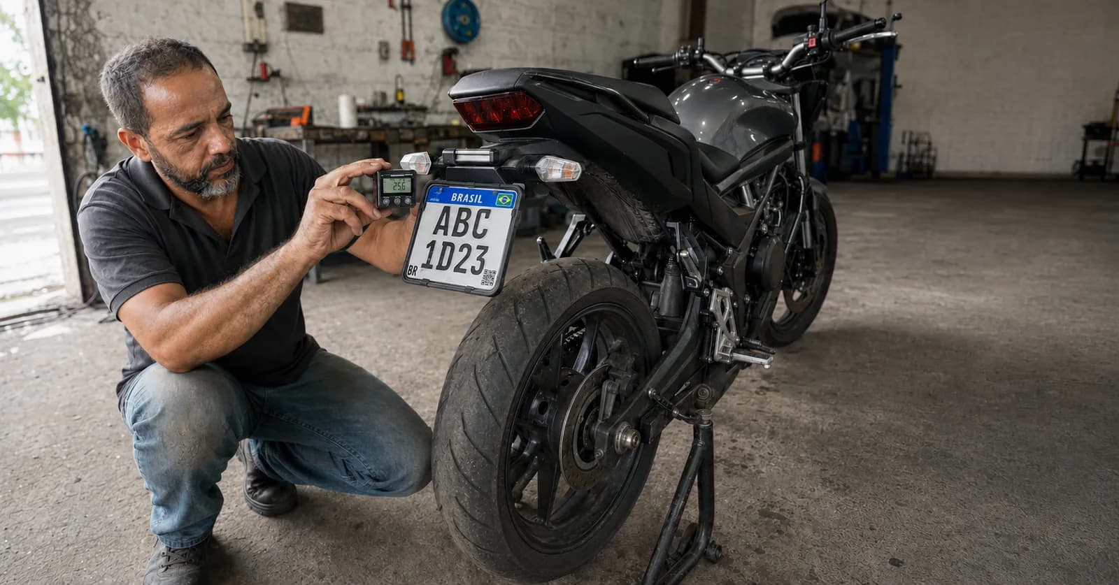 Técnico agachado atrás de uma moto mede com inclinômetro digital o ângulo da placa traseira, na calçada em frente à estampadora