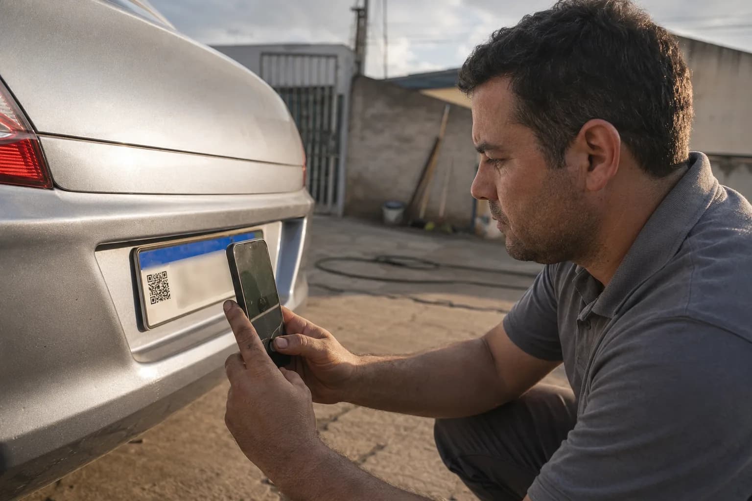 Motorista lê o QR Code da placa traseira com a câmera do celular
