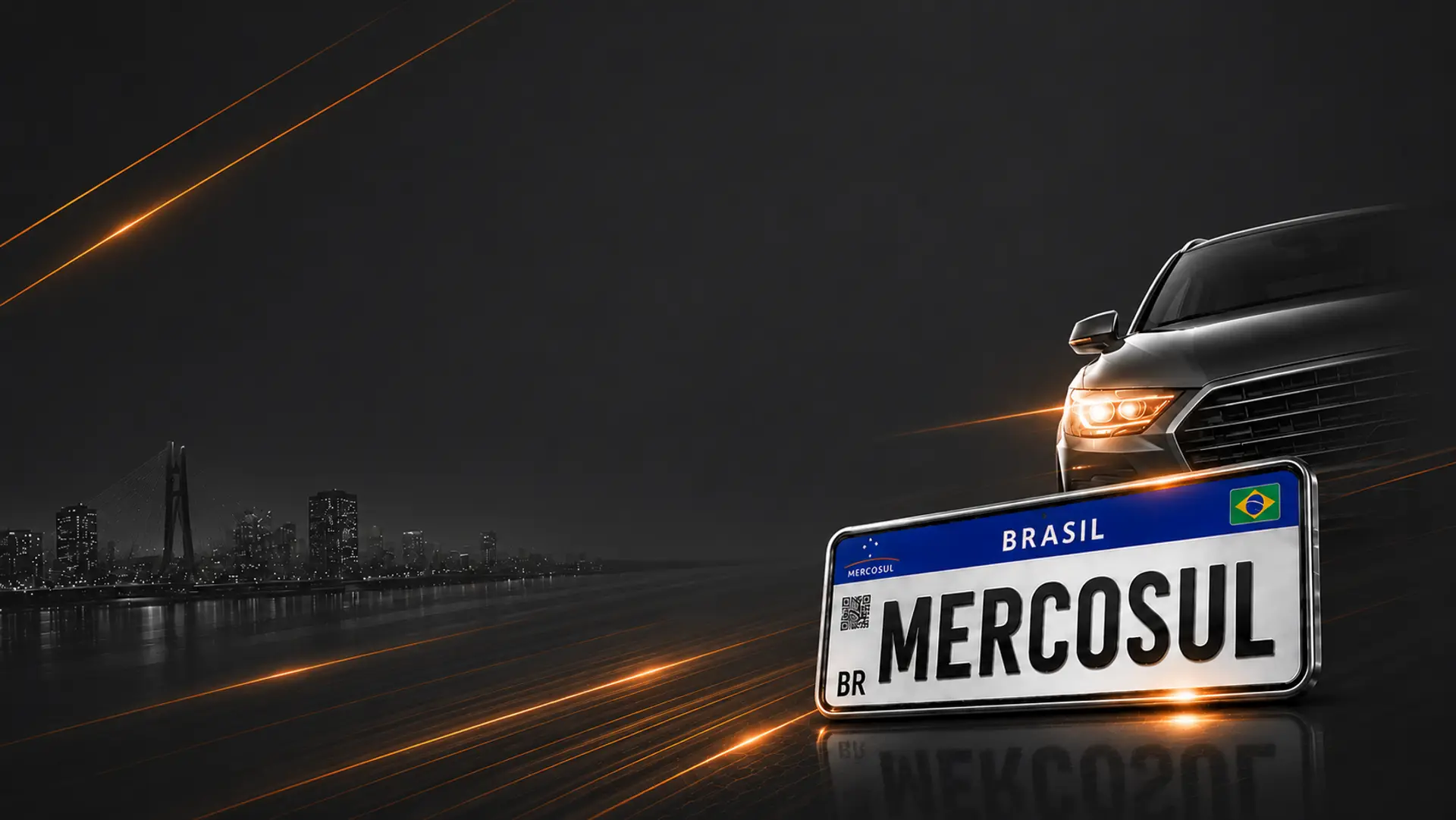 Placa Mercosul brasileira em destaque à frente de um carro escuro com os faróis acesos, sobre fundo grafite com riscos de luz laranja